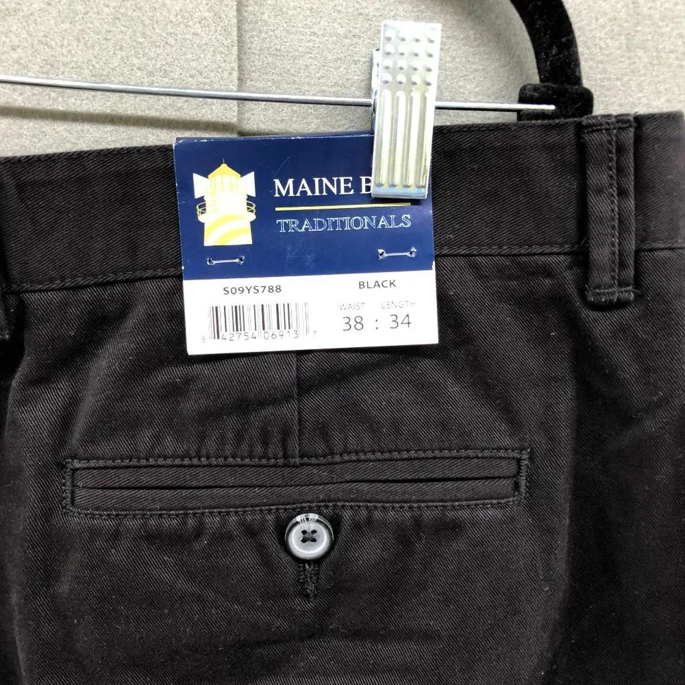 NWT Maine Bay Black Chino Pants Mens 38x32 Straight‎ Flat Front Workwear Cotton
